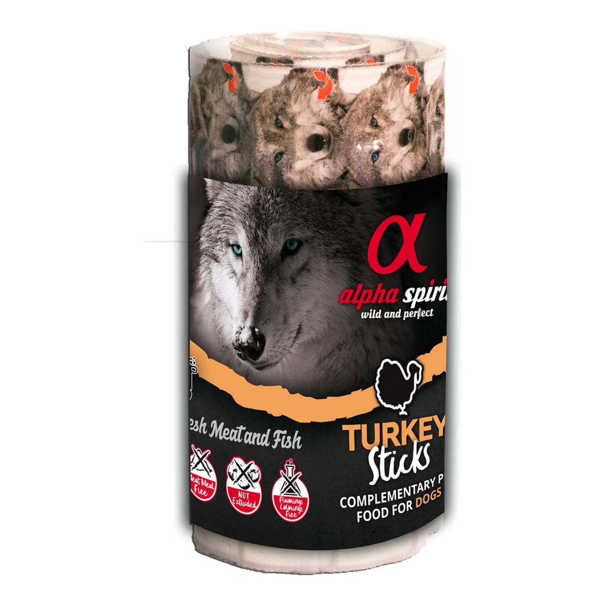 Ristra de 16 barritas Alpha Spirit de pavo para perros en envase cilíndrico, EAN 18436586310490