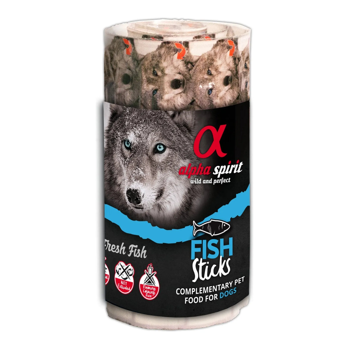 Ristra de 16 barritas Alpha Spirit de pescado para perros en envase cilíndrico, EAN 18437013576601