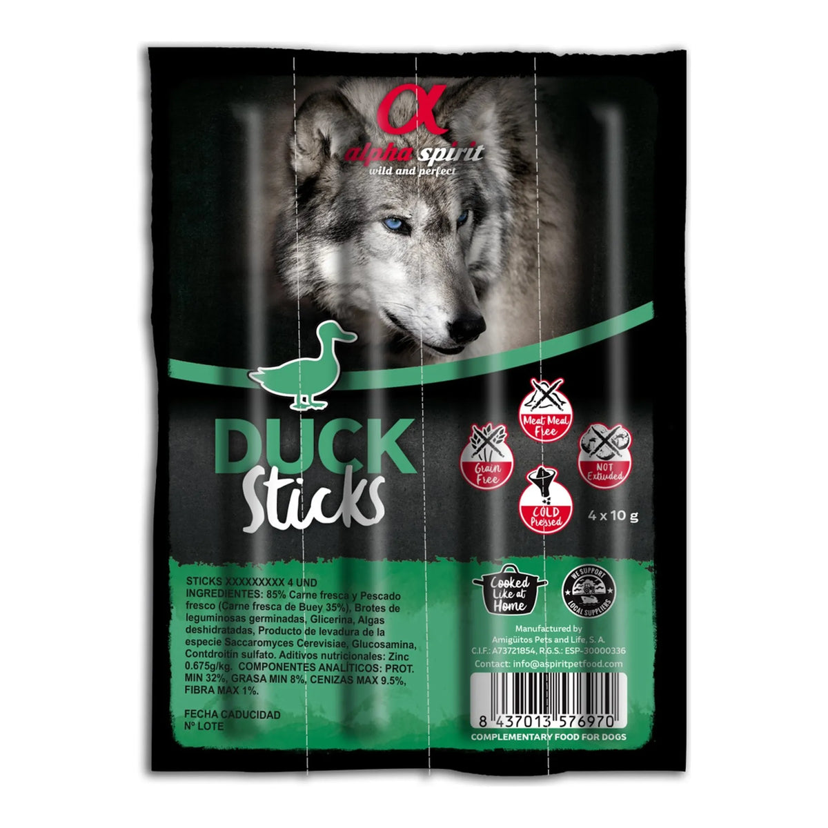 Ristra de 4 barritas Alpha Spirit de pato para perros, 4 x 10 g, EAN 8437013576970