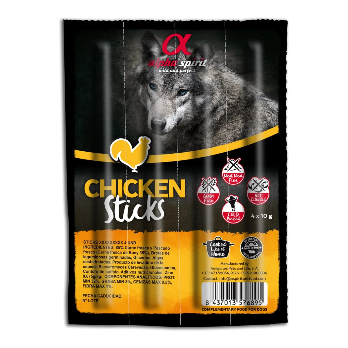 Ristra de 4 barritas Alpha Spirit de pollo para perros, 4 x 10 g, EAN 8437013576895