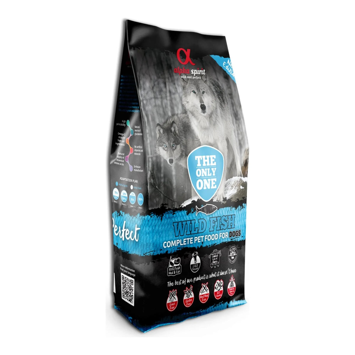Saco de Alpha Spirit Wild Fish para perros en tres cuartos, con lateral impreso y código QR