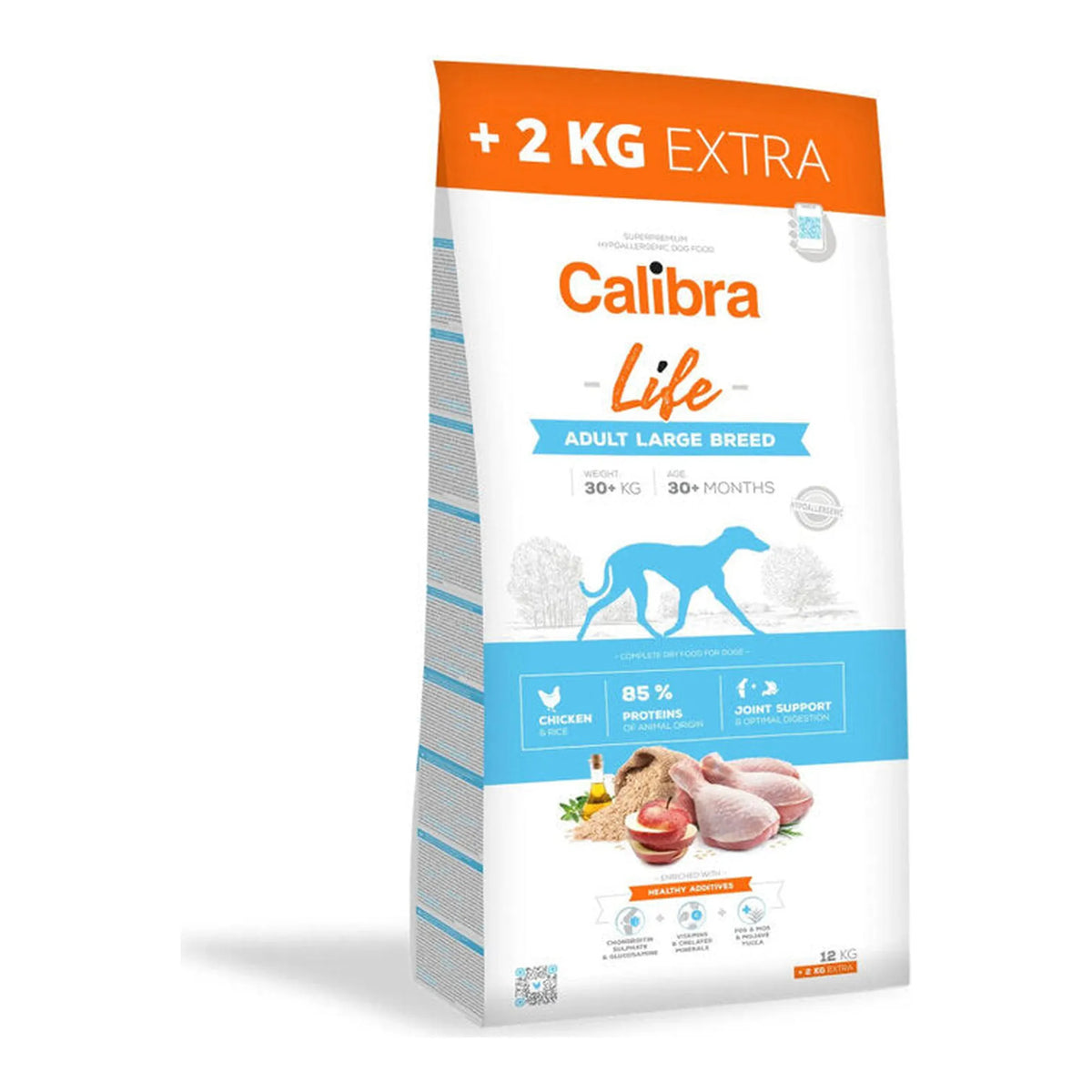 Saco promocional de 14 kg con la franja naranja «+2 kg extra», EAN 8594062089544