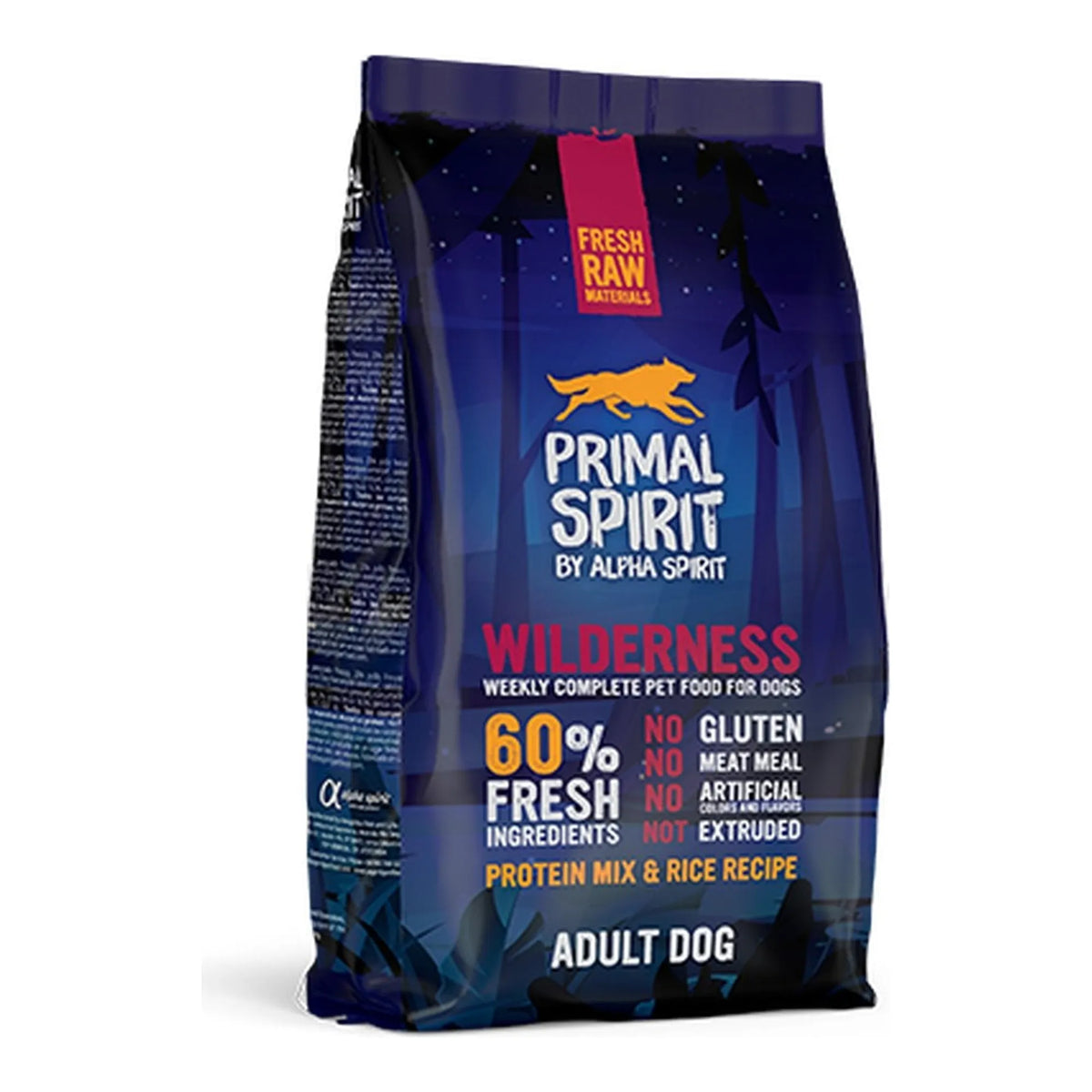 Saco de 1 kg azul oscuro con el lobo naranja, en vista de tres cuartos