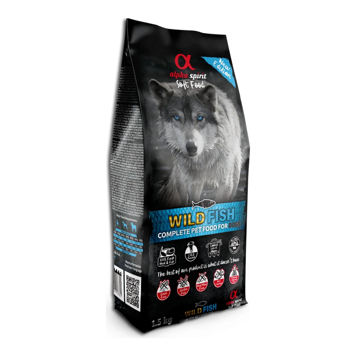Saco Soft Food «Wild Fish» de 1,5 kg en tres cuartos, con banda azul y un lobo