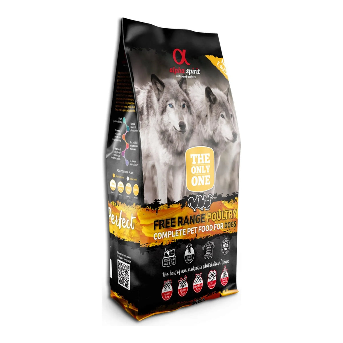 Saco de 12 kg «Free Range Poultry» en tres cuartos, con plan de adaptación y código QR