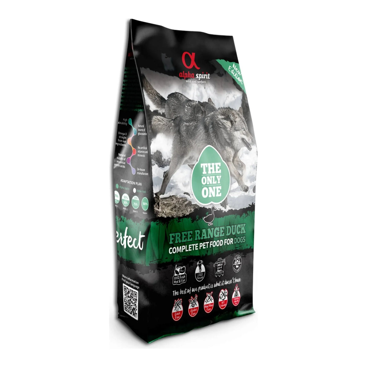 Saco de 12 kg «Free Range Duck» en tres cuartos, con plan de adaptación y código QR