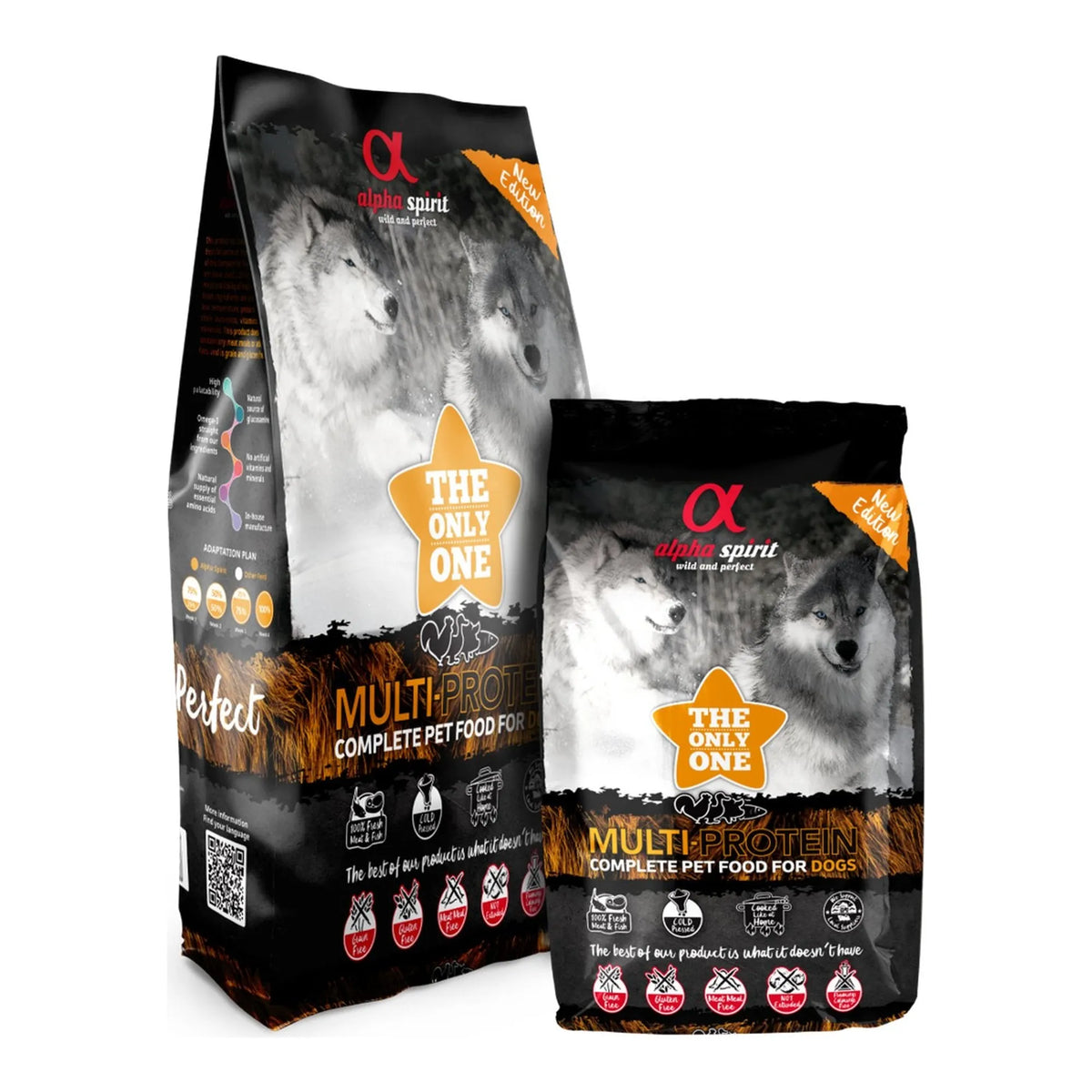Saco de 12 kg del pienso Alpha Spirit Multiprotein al lado del saco de 3 kg
