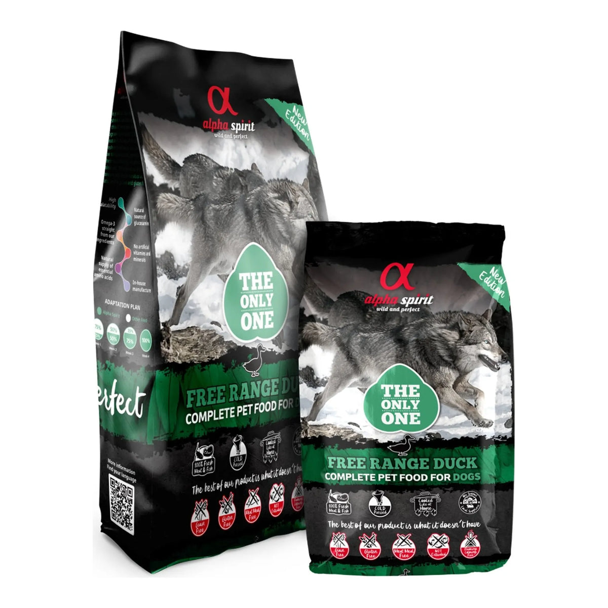 Dos sacos del pienso Alpha Spirit de pato, el de 12 kg y el de 3 kg, juntos