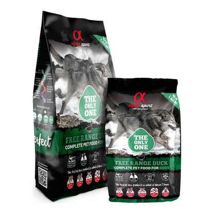 Dos sacos del pienso Alpha Spirit de pato, el de 12 kg y el de 3 kg, juntos