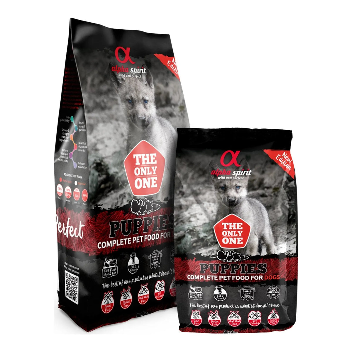 Saco de 12 kg y saco de 3 kg del pienso Alpha Spirit Puppies, uno junto al otro