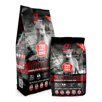 Saco de 12 kg y saco de 3 kg del pienso Alpha Spirit Puppies, uno junto al otro