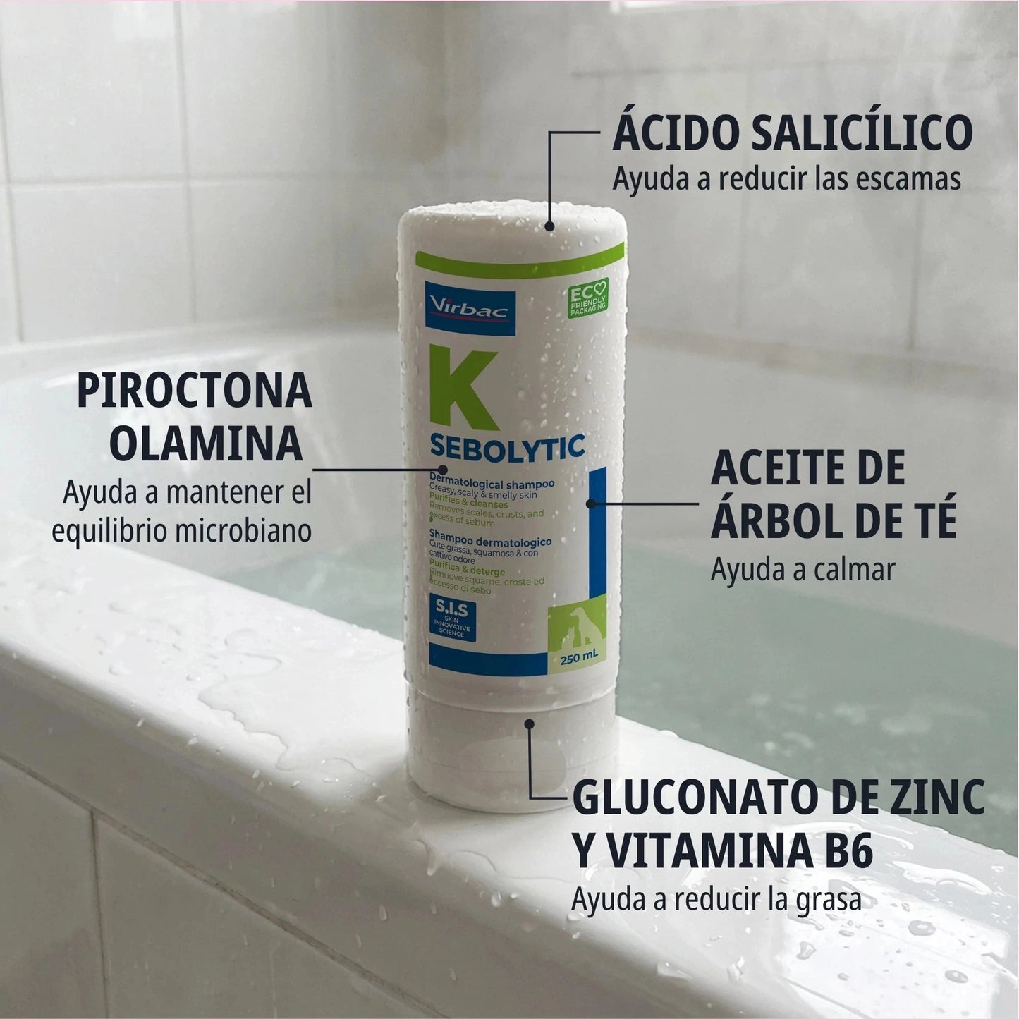 Bote Sebomild K Sebolytic Virbac en borde de bañera mojada con flechas señalando ingredientes activos: Ácido salicílico para reducir escamas, Piroctona Olamina para equilibrio microbiano, Aceite de árbol de té para calmar, Gluconato de zinc y Vitamina B6 para reducir la grasa