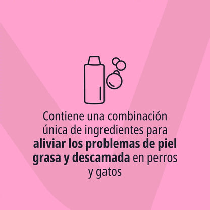 Icono lineal de bote con burbujas sobre fondo rosa vibrante con logo Virbac en marca de agua y texto Contiene una combinación única de ingredientes para aliviar los problemas de piel grasa y descamada en perros y gatos