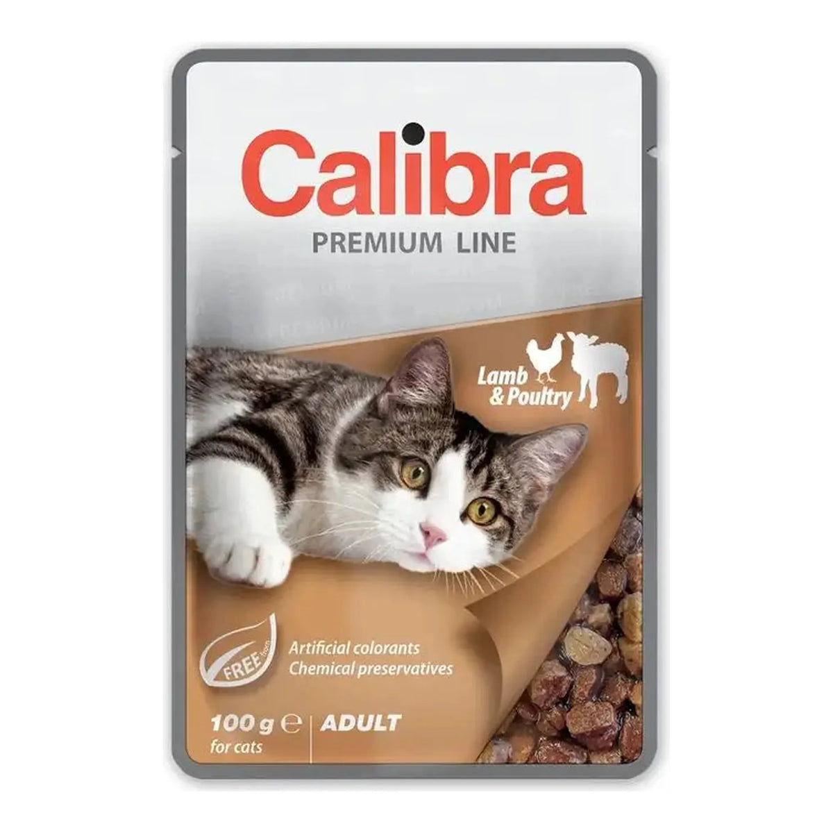 Sobres Calibra Premium de cordero y aves para gatos adultos, un sobre de 100 g, EAN 8594062085577