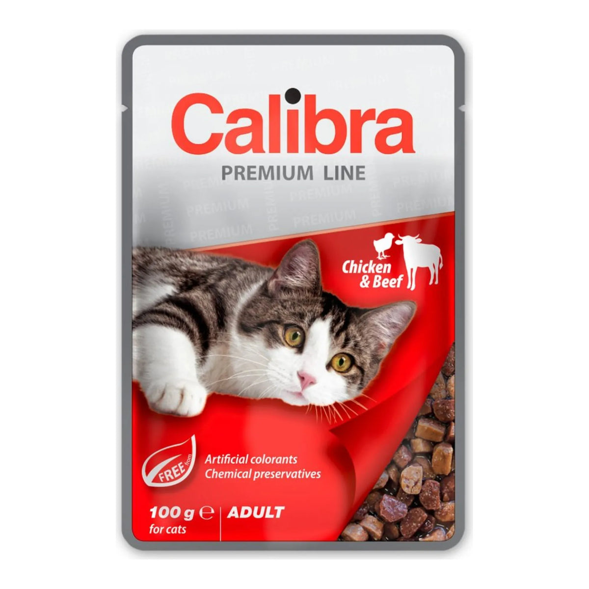 Sobres Calibra Premium de pollo y vacuno para gatos adultos, un sobre de 100 g, EAN 8594062085560