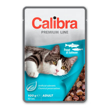 Sobres Calibra Premium de trucha y salmón para gatos adultos, un sobre de 100 g, EAN 8594062085584