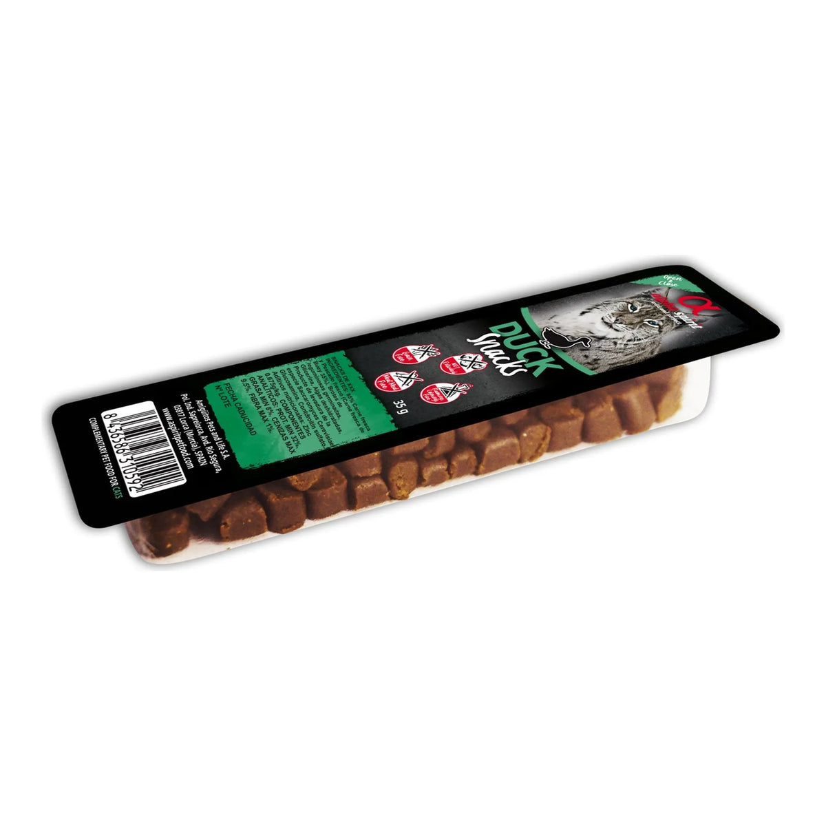 Snack Alpha Spirit de pato en tarrina de 35 g para gatos, EAN 8437013576963