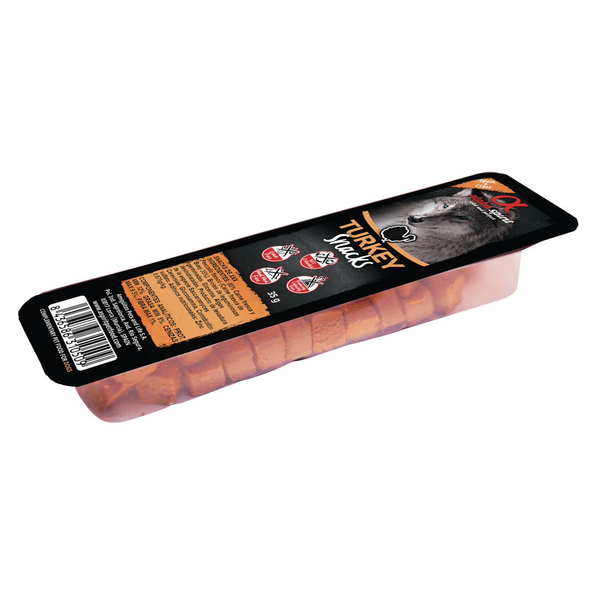 Snack Alpha Spirit de pavo en tarrina de 35 g para perros, EAN 8436586310509