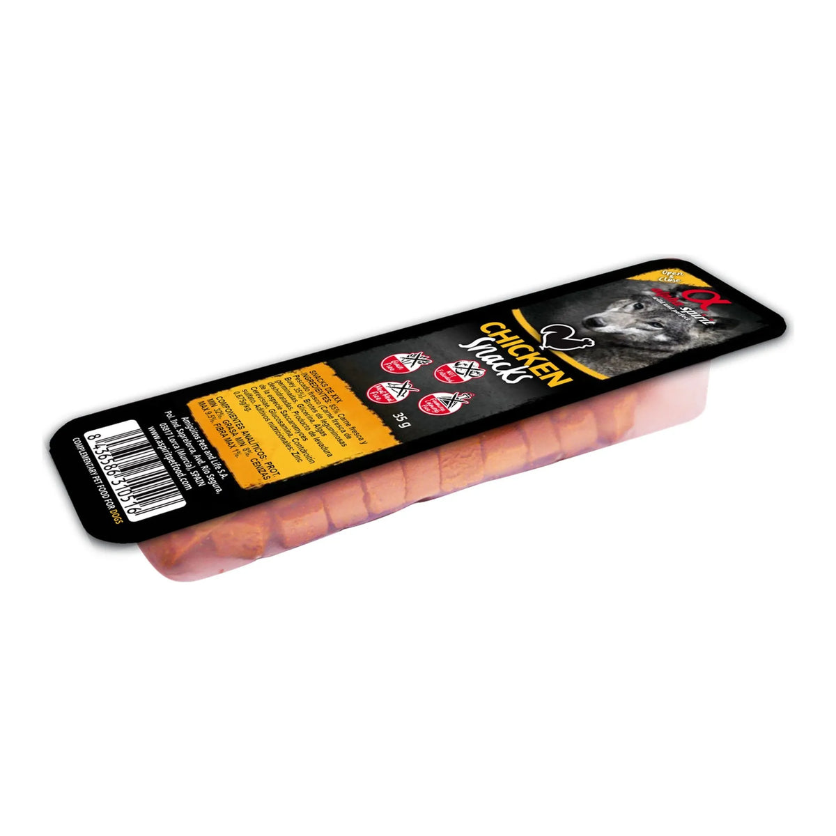 Snack Alpha Spirit de pollo en tarrina de 35 g para perros, EAN 8437013576413