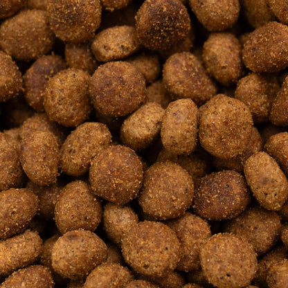 Detalle macro del pienso HPM Feline G1, croquetas redondas con textura tostada que llenan el encuadre