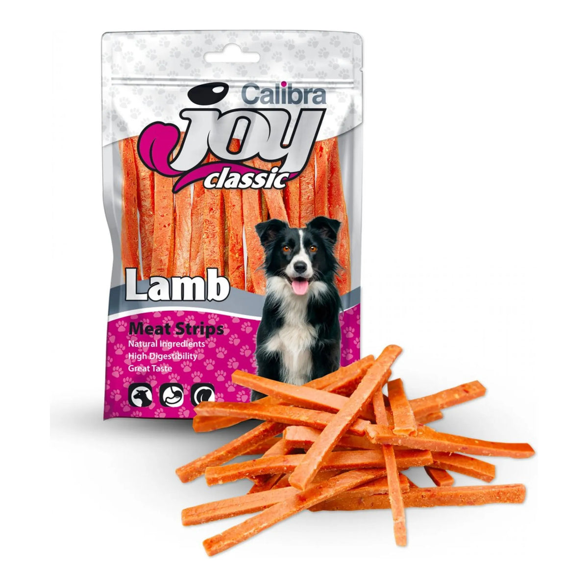 Tiras Calibra Joy de cordero para perros, bolsa Joy Classic con un border collie