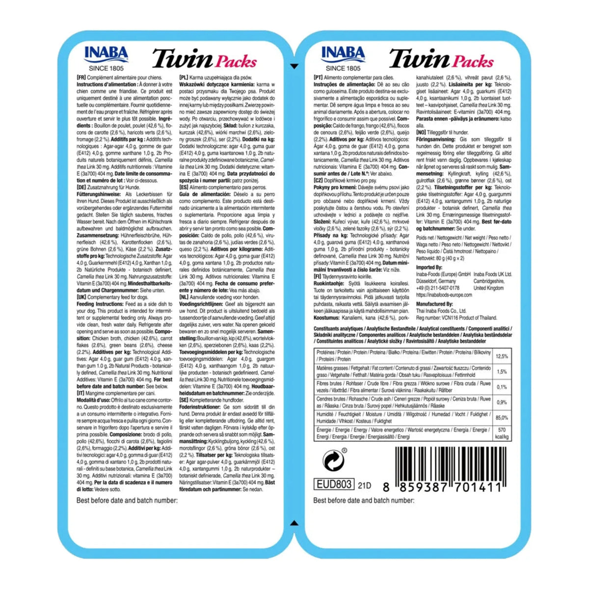 Reverso del pack doble azul, con textos legales en varios idiomas, tabla de análisis y código de barras