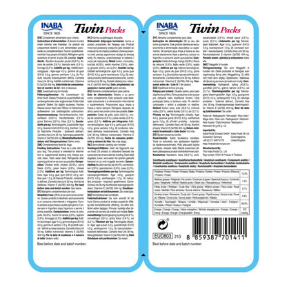 Reverso del pack doble azul, con textos legales en varios idiomas, tabla de análisis y código de barras