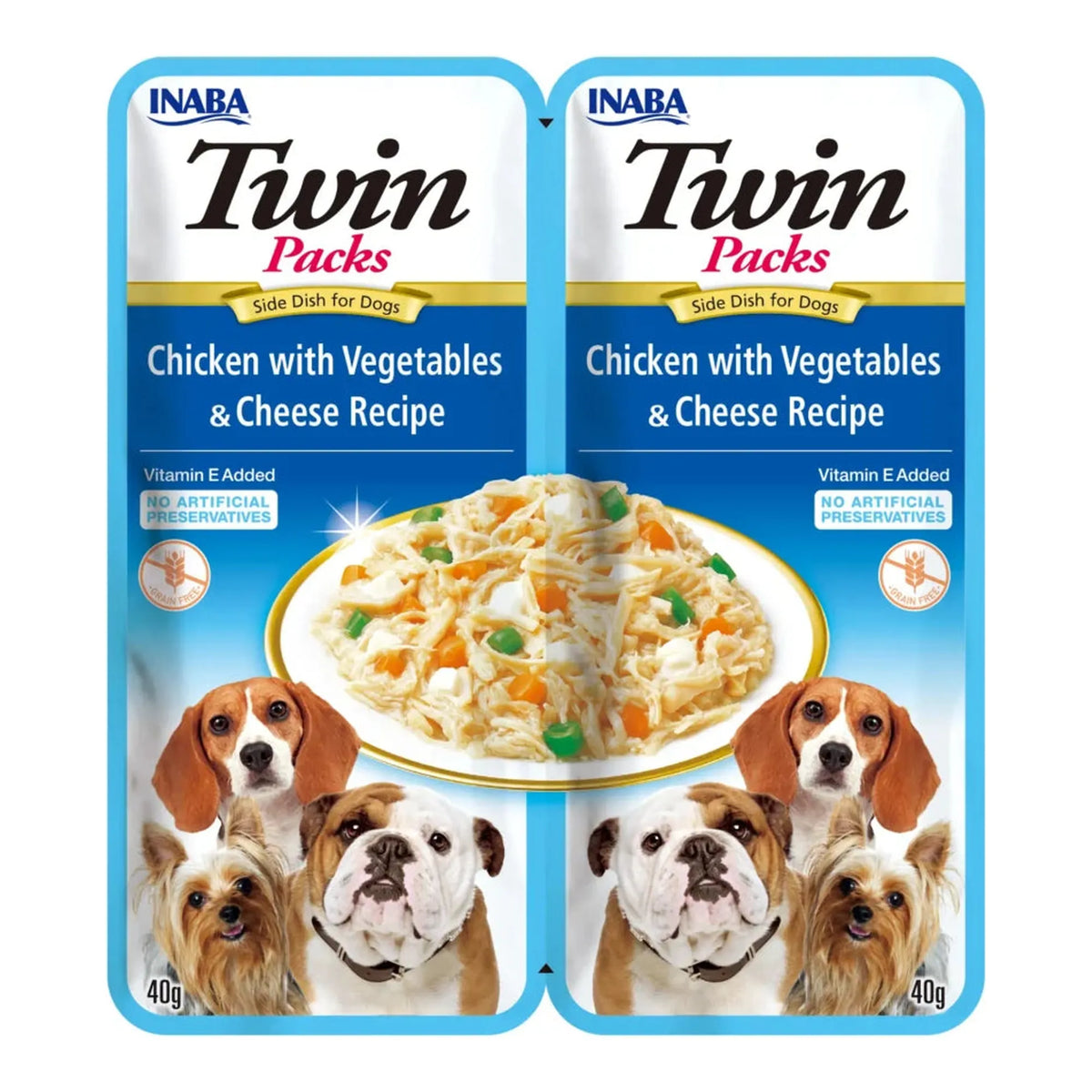 Inaba Twin Packs de pollo con verduras y queso en caldo de pollo para perros, 2 bolsitas de 40 g (80 g), EAN 18859387701418