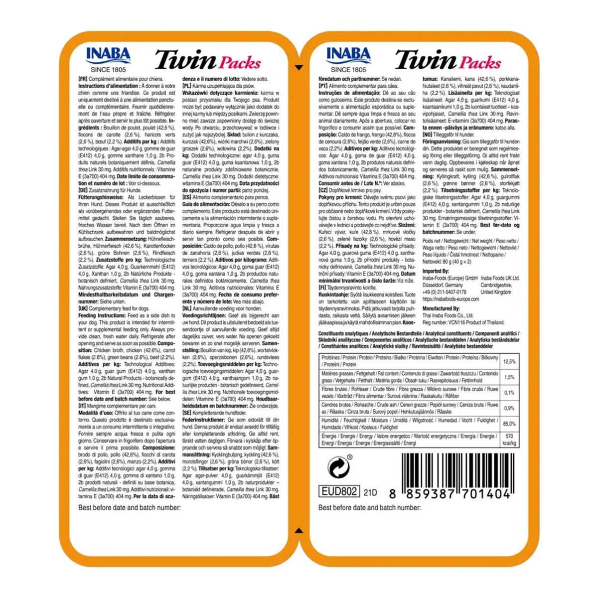 Cara trasera del pack doble naranja, con texto legal en varios idiomas, tabla de análisis y código de barras