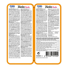 Cara trasera del pack doble naranja, con texto legal en varios idiomas, tabla de análisis y código de barras