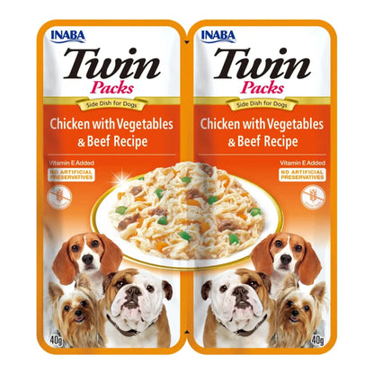 Inaba Twin Packs de pollo con verduras y ternera en caldo de pollo para perros, 2 bolsitas de 40 g (80 g), EAN 18859387701401