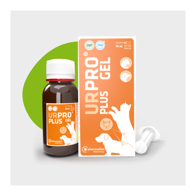 Frasco y estuche de Urpro Plus Gel para perros y gatos de Pharmadiet, 50 ml, EAN 8414042006746