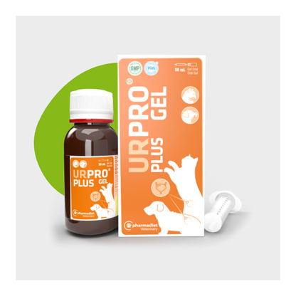 Frasco y estuche de Urpro Plus Gel para perros y gatos de Pharmadiet, 50 ml, EAN 8414042006746
