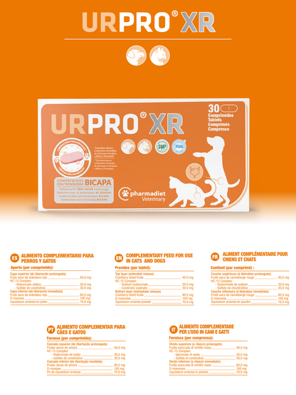 Estuche y ficha técnica oficial de Urpro XR para perros y gatos con la composición por comprimido
