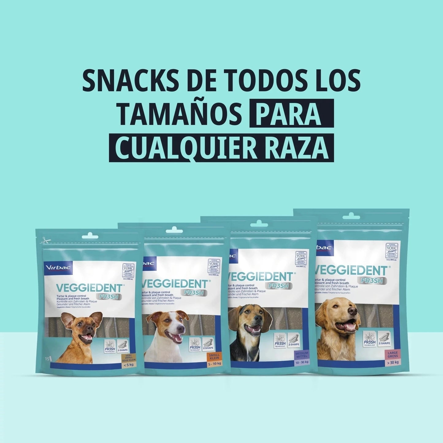 Las cuatro tallas de Veggiedent FR3SH Virbac — XS S M y L — sobre fondo turquesa con un perro de raza distinta en cada bolsa y texto Snacks de todos los tamaños para cualquier raza