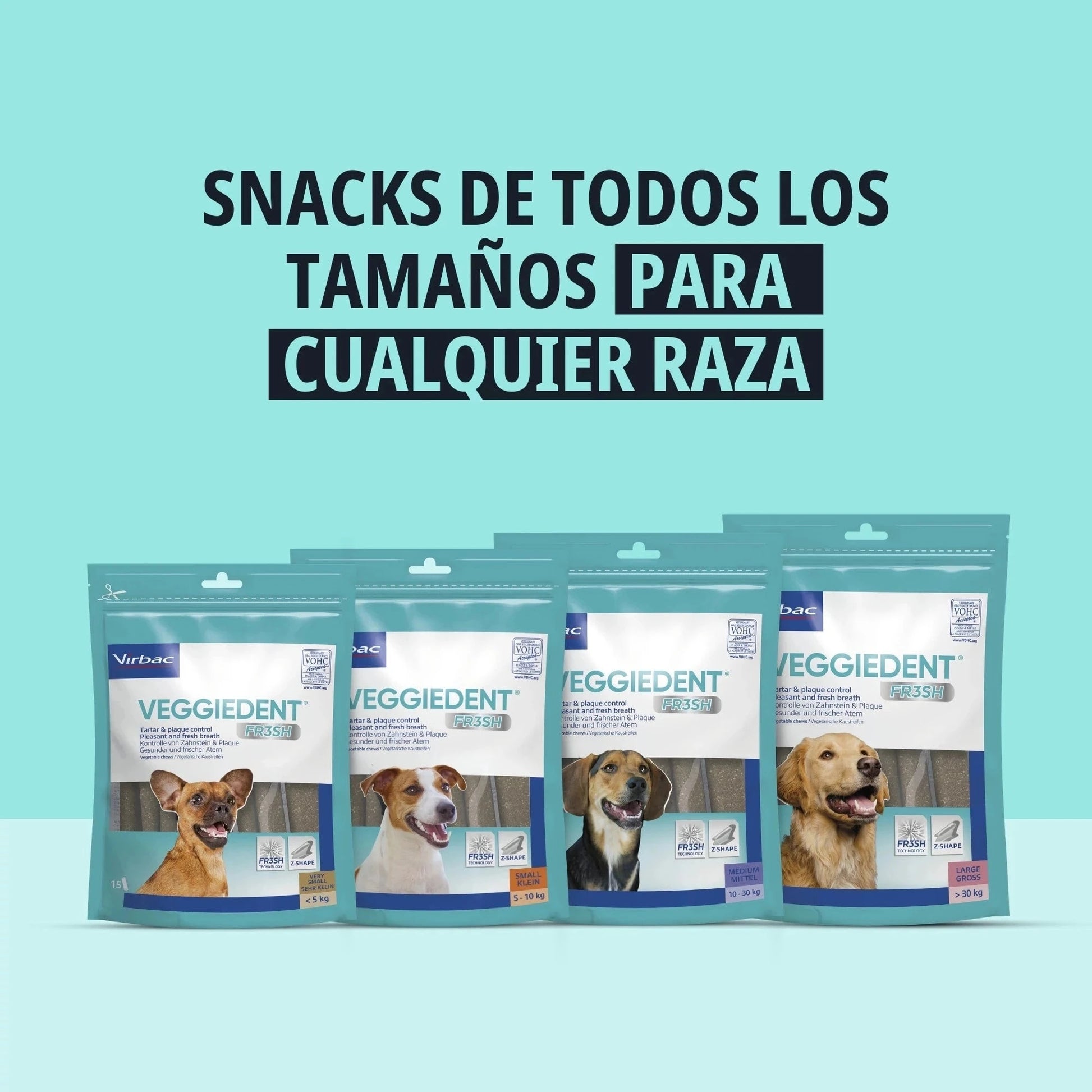 Las cuatro tallas de Veggiedent FR3SH Virbac — XS S M y L — sobre fondo turquesa con un perro de raza distinta en cada bolsa y texto Snacks de todos los tamaños para cualquier raza