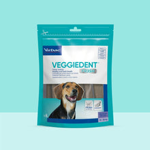 Bolsa Veggiedent FR3SH Virbac talla M de 15 snacks dentales para perros medianos de 10 a 30 kg, sobre fondo turquesa con Beagle sonriendo en portada, sellos FR3SH Technology y Z-SHAPE