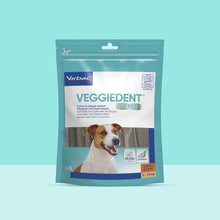Bolsa Veggiedent FR3SH Virbac talla S de 15 snacks dentales para perros pequeños de 5 a 10 kg, sobre fondo turquesa con Jack Russell Terrier en portada, sellos FR3SH Technology y Z-SHAPE