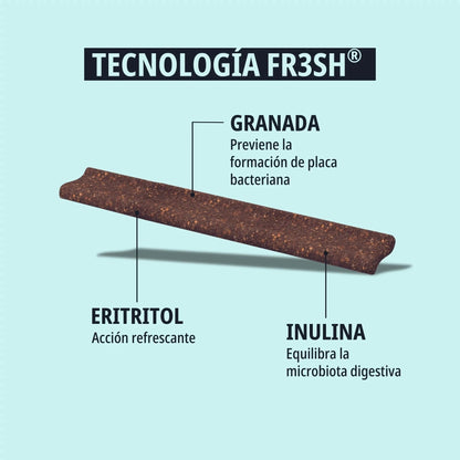 Infografía del snack dental Veggiedent Fresh Virbac en forma de Z sobre fondo turquesa claro, señalando la Tecnología FR3SH: Granada que previene la placa bacteriana, Eritritol con acción refrescante e Inulina que equilibra la microbiota digestiva