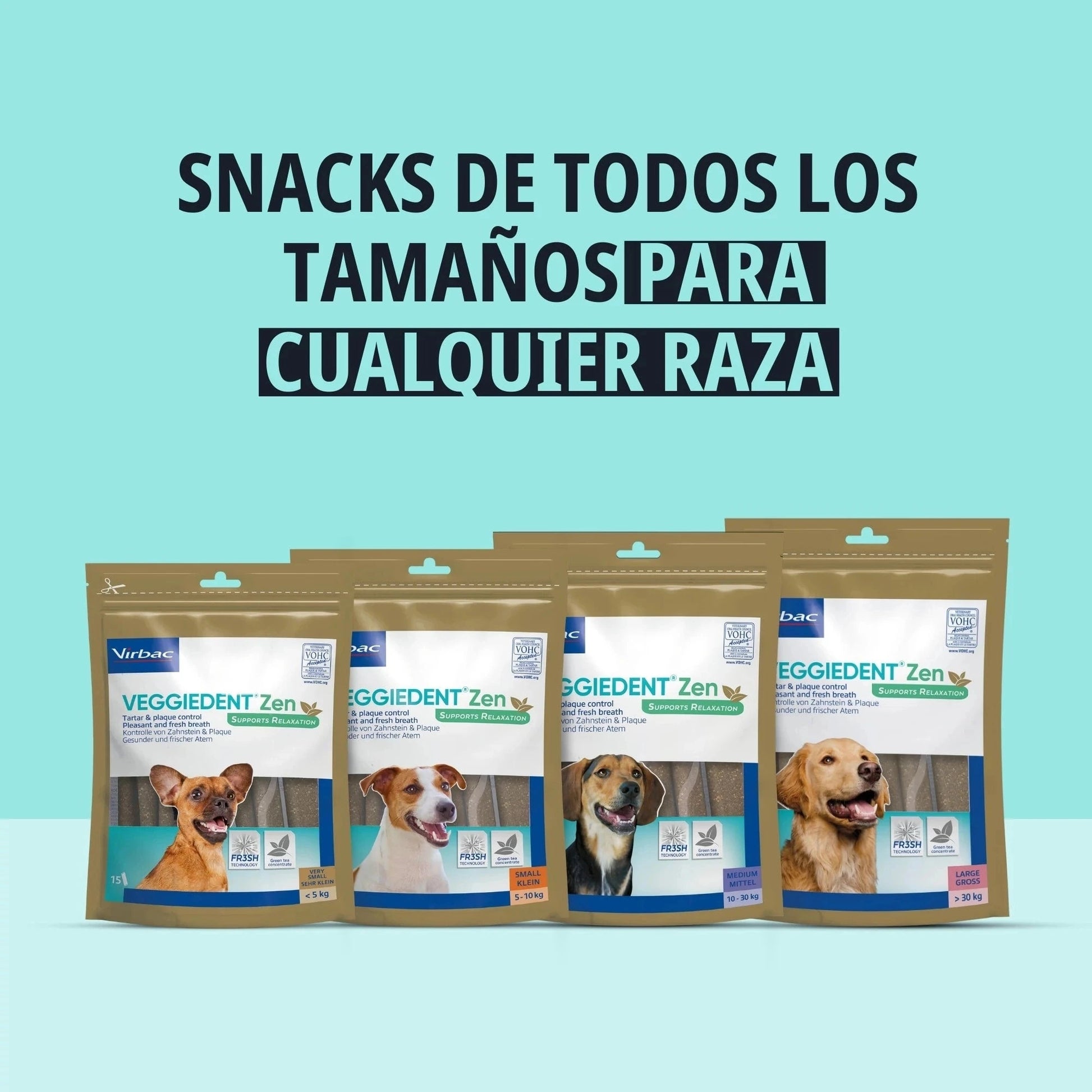 Las cuatro tallas de Veggiedent ZEN Virbac — XS S M y L — en bolsas doradas sobre fondo turquesa con un perro de raza distinta en cada bolsa y texto Snacks de todos los tamaños para cualquier raza