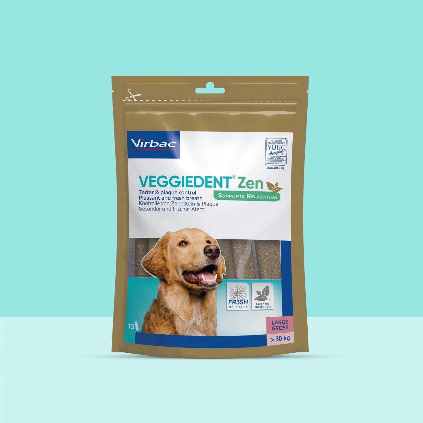 Bolsa dorada Veggiedent ZEN Virbac talla L de 15 snacks dentales relajantes para perros grandes de más de 30 kg, con Golden Retriever sonriendo en portada, etiqueta Supports Relaxation, FR3SH Technology y té verde