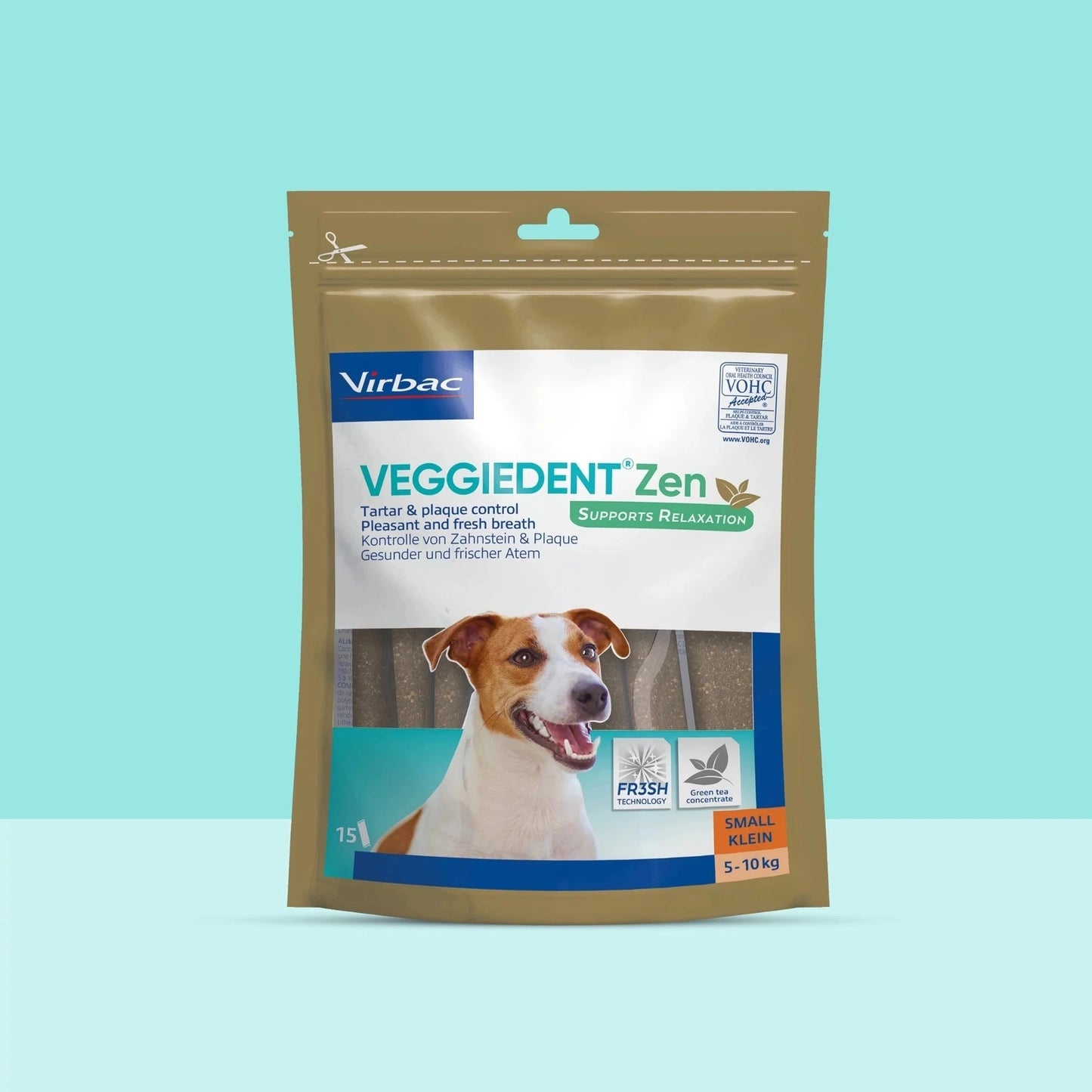 Bolsa dorada Veggiedent ZEN Virbac talla S de 15 snacks dentales relajantes para perros pequeños de 5 a 10 kg, con Jack Russell Terrier en portada, etiqueta Supports Relaxation y FR3SH Technology