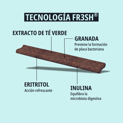 Infografía del snack dental Veggiedent ZEN Virbac en forma de Z sobre fondo turquesa claro, señalando la Tecnología FR3SH con cuatro ingredientes: Extracto de Té Verde, Granada que previene la placa bacteriana, Eritritol con acción refrescante e Inulina que equilibra la microbiota digestiva