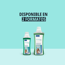 Dos botellas Vet Aquadent FR3SH Virbac de 250 ml y 500 ml sobre fondo turquesa, texto Disponible en 2 formatos