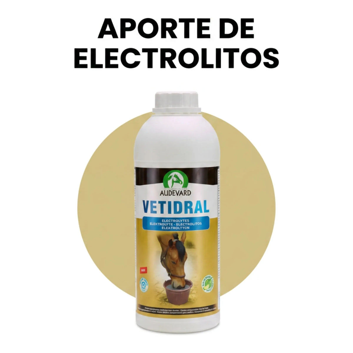 Botella de Vetidral Solution electrolitos para caballos sobre círculo dorado con el titular de aporte de electrolitos
