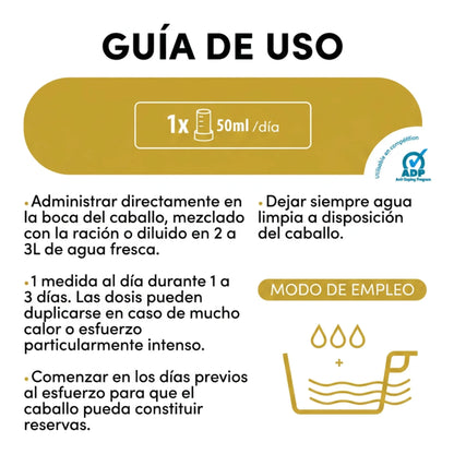 Guía de uso con medida de 50 ml diluida en agua fresca o mezclada con la ración