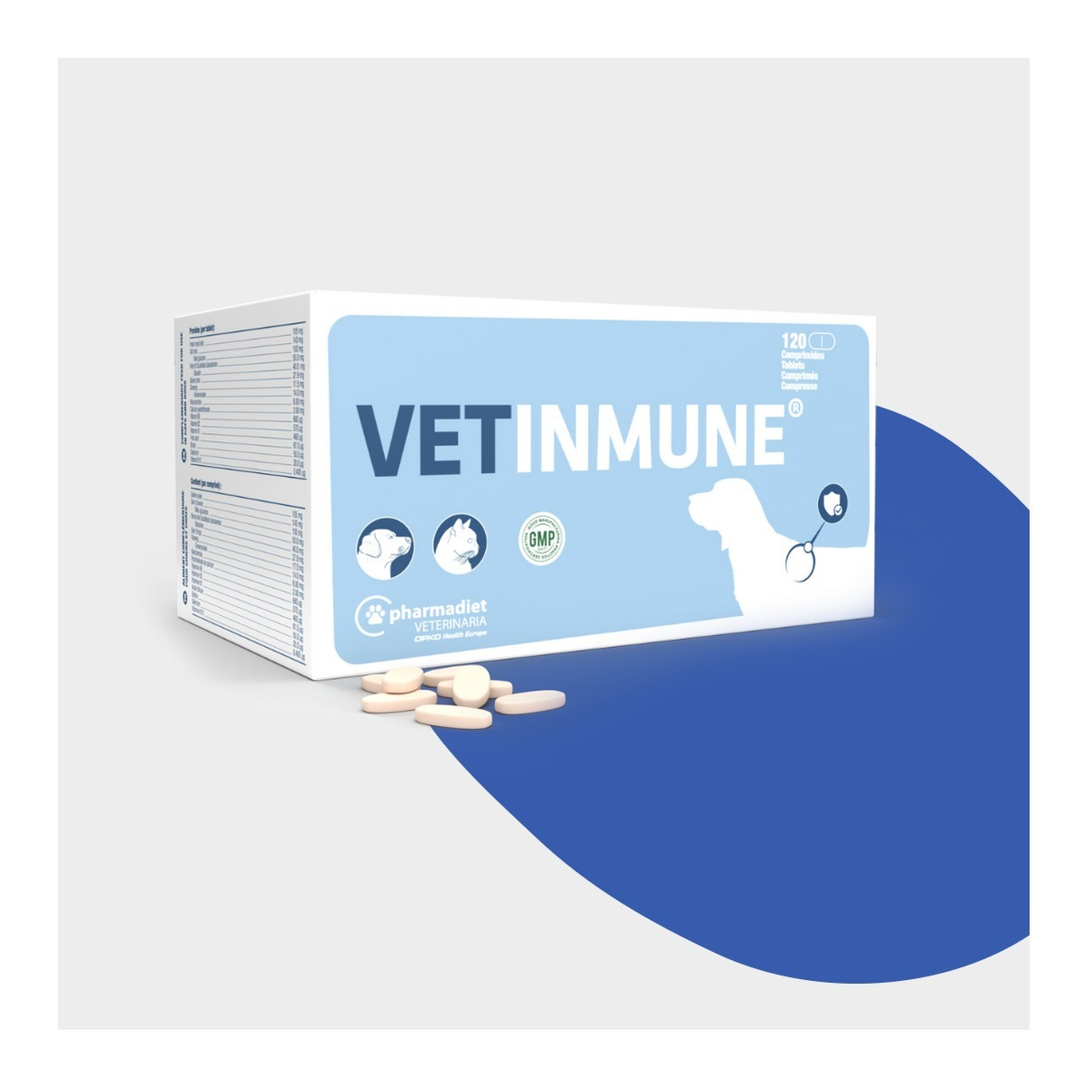 Estuche y blíster de Vetinmune comprimidos para perros y gatos de Pharmadiet, EAN 8437002582869