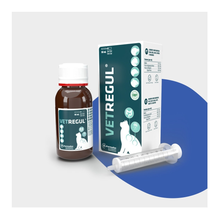Frasco y estuche de Vetregul gel para perros y gatos de Pharmadiet con jeringa dosificadora, EAN 8414042003790