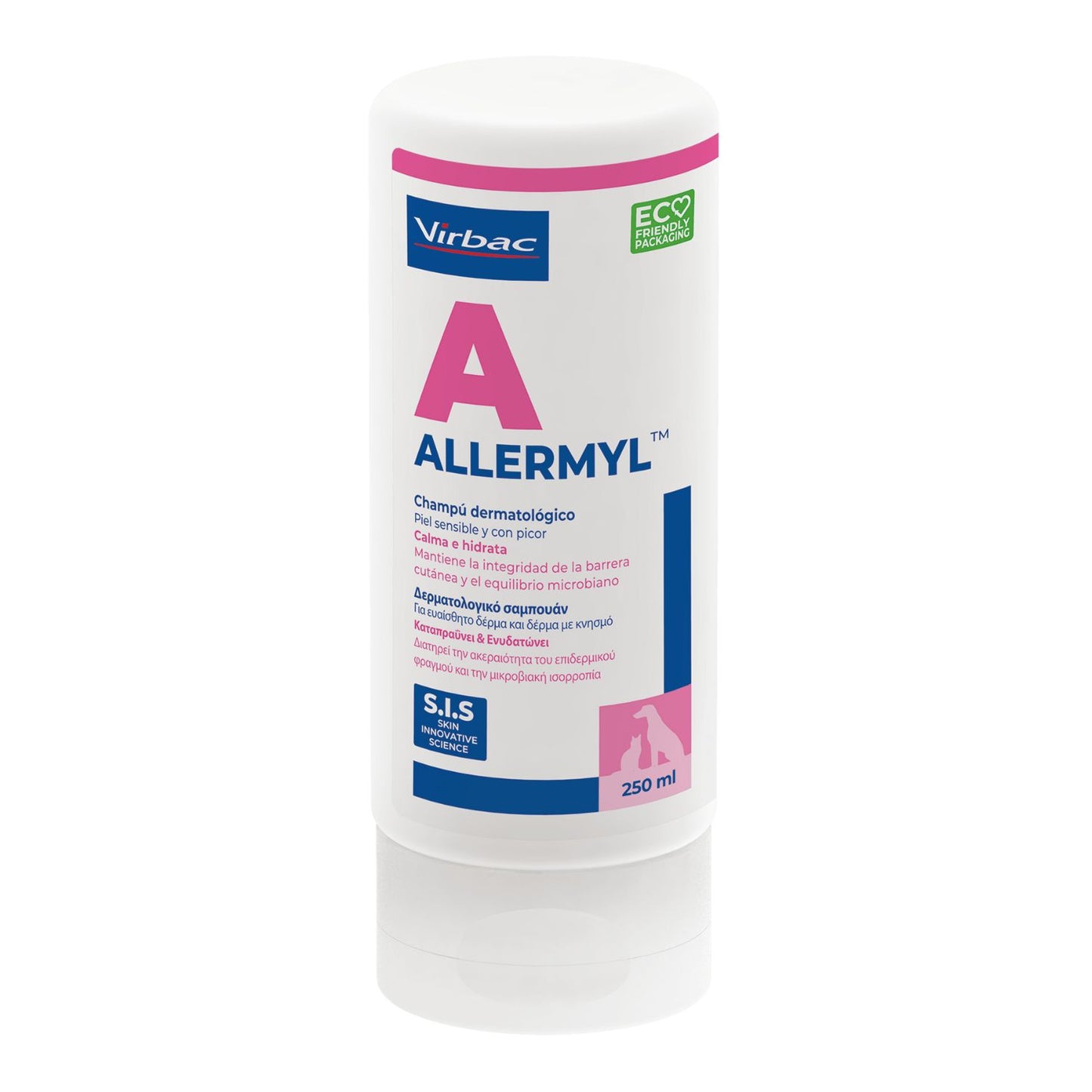 Envase frontal de Allermyl champú dermatológico Virbac para perros y gatos con piel sensible y con picor en formato de 250 ml
