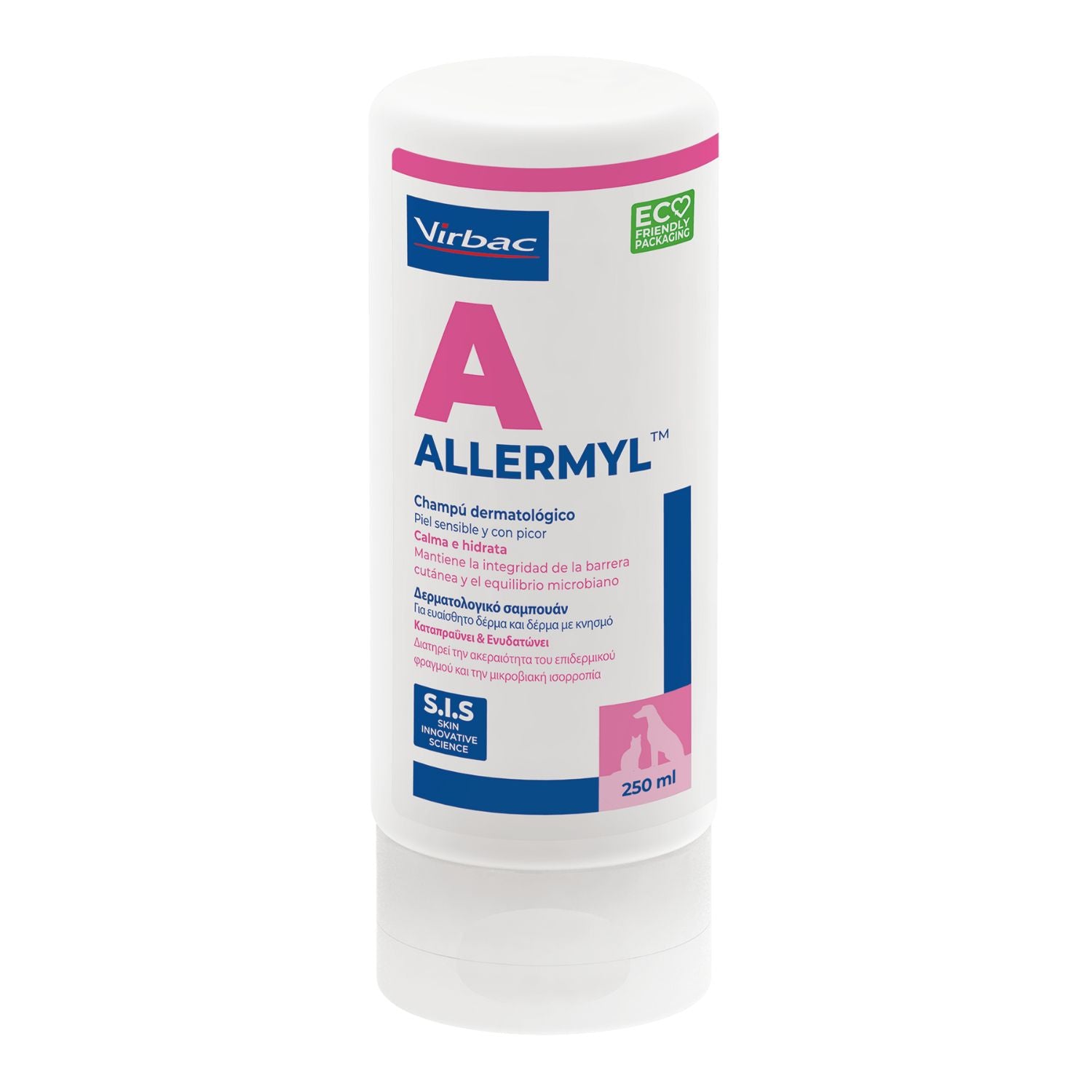Envase frontal de Allermyl champú dermatológico Virbac para perros y gatos con piel sensible y con picor en formato de 250 ml

